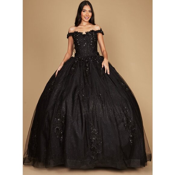 Black Long Ball Gown Quinceanera Floral Dress